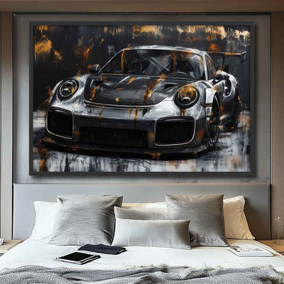 camera con appesa quadro porsche 911 gt3 rs oro nero argento